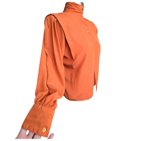 Vintage San Andre Blouse Orange High Collar & Shoulder Pads Scarf Neck 6P HS158 - Picture 8 of 10
